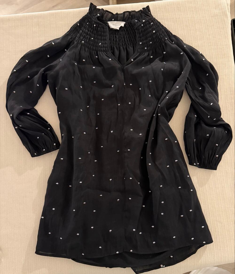 Pomander Place Black Clip Dot Smocked Mock Neck Mini Dress Size Medium